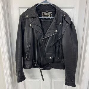 Vintage First‎ Genuine Leather Moto Jacket with Belt and Zippers Size 42